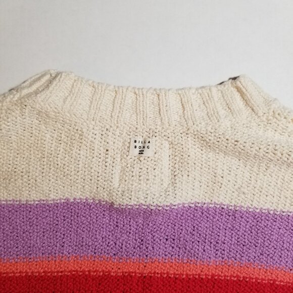 Billabong Striped Knit Sweater Cropped Lavender Orange Crew Neck Top Medium - Picture 4 of 7